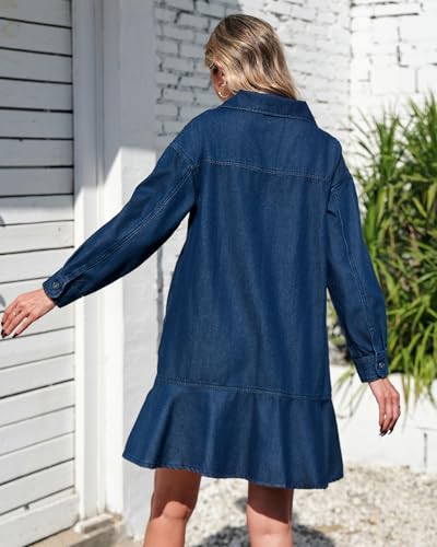Womens Denim Mini Dress Ruffle Hem Collared V Neck Tiered Mini Babydoll Dress Casual Flowy Jean Dresses4