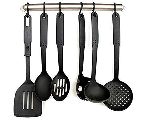 Homme Store Nylon Ladel Kitchen Tool Set Of 6-Pcs – Black Spoons For Non Stick Cookware Spatula, Turner, Ladle, Spaghetti Server, Slotted & Solid Spoon