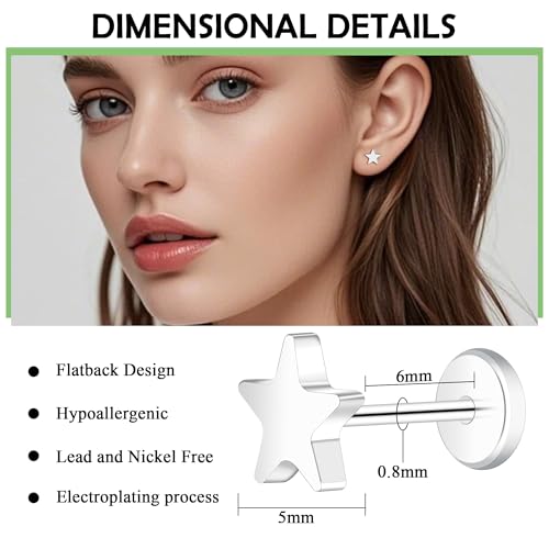 ZDE Women Earrings Threadless Flat Back Star Earrings Titanium Hypoallergenic Cartilage Non-Nickel Pink Push Back Earrings Studs for Sensitive Ears Simple Classic Earstuds3