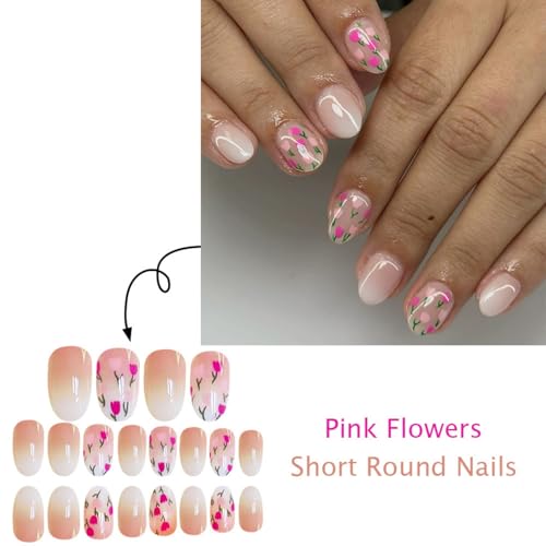 Image of Flower Press on Nails Pink Fake Nails Tulip with Design Nude Glossy Full Cover Reusable False Nail Press ons Short Oval Glue on Nail for Women Girls Manicure 24Pcs