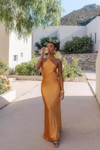 Satin Bridesmaid Dress for Women Bodycon Halter Backless Floor Length Formal Party Dresses KA0023