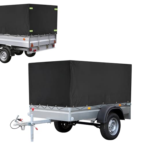 QWORK® Lona per Remolque Plana con Cuerda de Lona 210x114x90 cm, Material de PVC 420D,para Remolque de automóvil 750 kg (Negro)