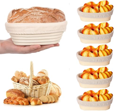 Confezione da 6 cestini ovali lunghi per la lievitazione del pane, in rattan, con fodera in lino, per panettieri professionali e casalinghi, 17 x 11,9 x 6,1 cm