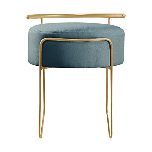 Puff Redondo Ivar em Linho e Base Metal Dourado Agarb Decor Cor:Linho Azul