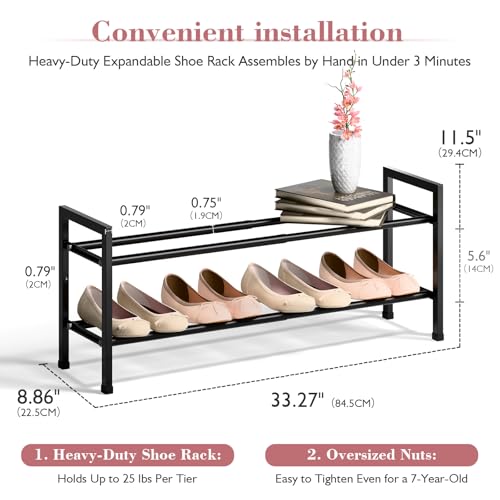 Image of Bumusty 2 Tier Expandable Shoe Rack for Closet, 18 inch-33 inch Adjustable Shoe Rack for Small Space, Small Shoe Organizer for Front Door, Sturdy Metal, Black