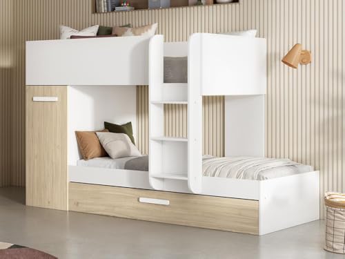 DEKIT GRUPO RIMOBEL TOM - Cama trem con armario y cama arrastre - Blanco/Natural - 150 x 244 x 112