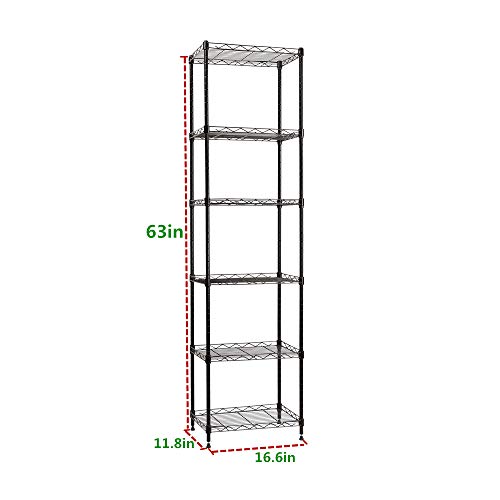 YOHKOH 6 Wire Shelving Steel Storage Rack Adjustable Unit Shelves for Laundry Bathroom Kitchen Pantry Closet 16.6" Width x 63" Height x 11.8" Depth, Black