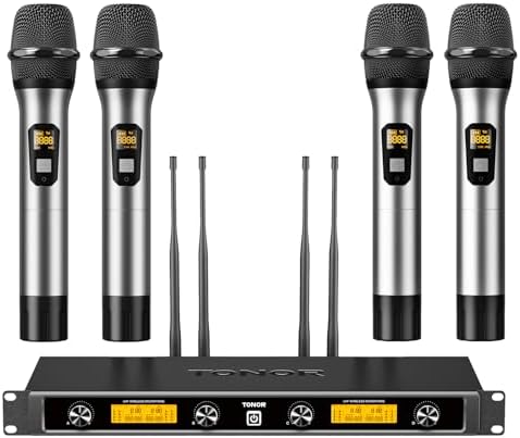 TONOR Wireless Microphones System, 4x10 Channel UHF Wireless Mic, 4 Handheld Adjustable Frequency Metal Cordless Dynamic Mic, Multiset Operation, 90 m Ideal for Karaoke Singing Wedding Church, Silver