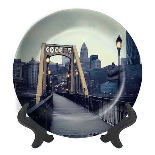 Decorative Plates for Display Roberto Clemente Bridge Pittsburgh PA Gift Plates Ceramic Collections Plates Hanging Artwork for Living Dining Room Kitchen Souvenir