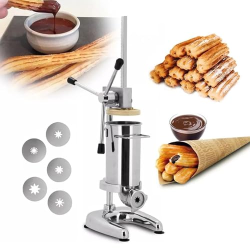 Churro manual de acero inoxidable con múltiples moldes, ideal para cocinas profesionales y panaderías