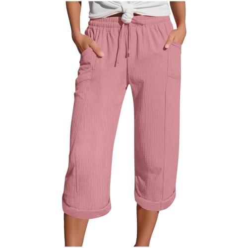 YBEBEWE Sommerhose Damen Leicht Leinenhose Damen Sommer 3/4 Musselin Kurze Hose Leicht Leinen Sommerhose Mit Taschen Causal Caprihose Elastische Bequeme Stoffhose Sport Freizeit Strandhose