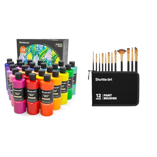 Shuttle Art Acrylic Paint and Brush Set Bundle, 24 Colors Acrylic Paint and 12 PCS Brush with Case