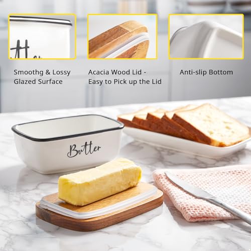 Butter Dish with Lid, ALELION Large Ceramic Butter Dish for Countertop, Butter Keeper with Thick Acacia Wood Lid, Kitchen Decor and Accessories for Kitchen Gifts, White - Image 4