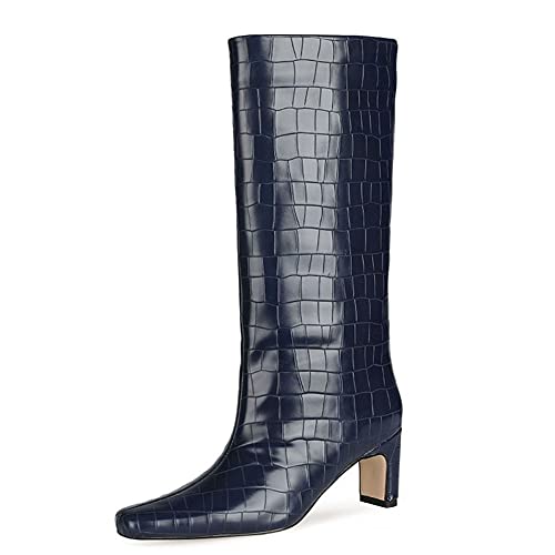 Ciuyurra Mode Femmes Bottes Mi-hautes Talons Moyen Pull on Demi-Bottes Wide Calf Soirée Fête Bottes Slouch Mariage Chaussures Animal Print Patent Dark-Blue size 34 Cover