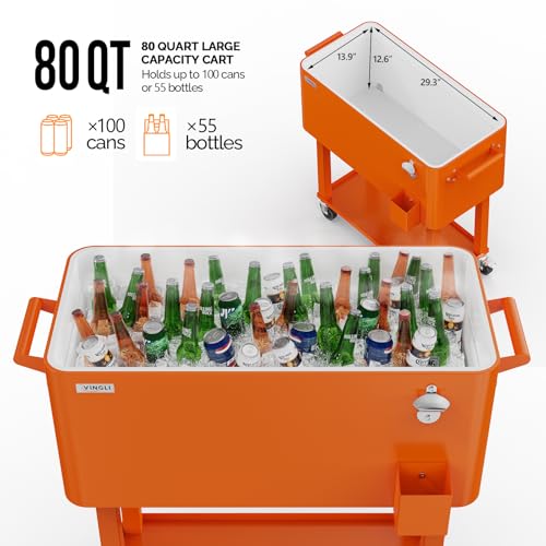 Image of VINGLI Rolling Ice Chest, Portable Patio Party Bar Drink Cooler Cart, with Shelf, Beverage Pool with Bottle Opener