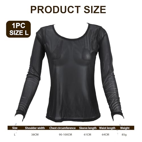 Mujer Camiseta Transparente Sexy Manga Larga, Camiseta Transparente Mujer Top de Manga Larga con Cuello Redondo, Casual Noche de Cuello Redondo Alto Bodycon Elástico - Negro