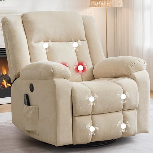 Image of Korser Rocker Recliner, Glider Recliner Chairs for Adults, 360° Swivel Rocking Chair with Massage and Heating, Nursery Chair with Storage and USB Charging, Khaki, Swivel Rocker Recliner