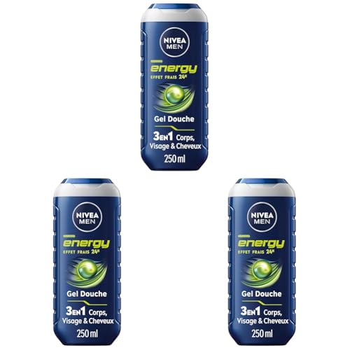 NIVEA MEN Gel Douche Energy (1 x 250 ml) - Soin lavant enrichi en extrait de menthe vivifiante - Gel douche homme 3 EN 1 — Soin nettoyant Corps Visage & Cheveux Vivifiant Effet Fraîcheur 24H