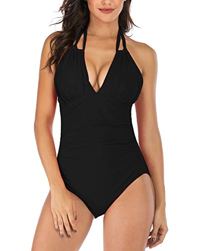 HAIVIDO V Neck One Piece Swimsuits with Ruching Bathing Suits Tummy Control Beach Swimwear for Women Halter-Black XL