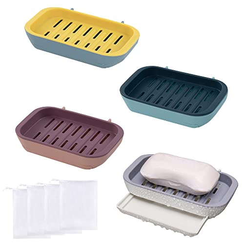 4PCS Soap Holder Shower XIACIBDUS Wall Mounted Draining Soap Dish with 4 Soap Bag, Plastic Shampoo Bar Rack for Shower Soap Saver for Kitchen, Bathroom