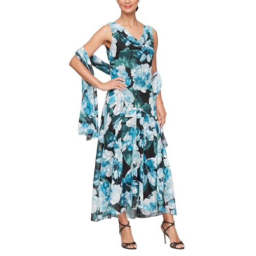Image of Alex Evenings Women's Formal Sleeveless Cowl Neck Floral Print Gown with Shawl, Wedding Guest, Mother of The Bride Dress