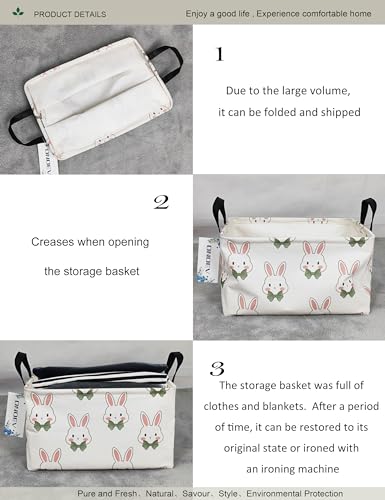 Image of Rectangular Folding Laundry Basket,Waterproof Canvas Basket,Gift Basket,Suitable for Children's Room,Office,Clothes,Toys Storage(Rabbit)