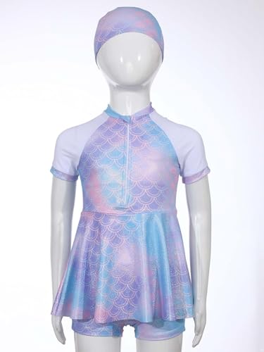 Kids Girls 3Pcs Fish Scales Print Swimsuit Short Sleeve Swim Dress with Bottoms and Cap Beach Bathing Suit3