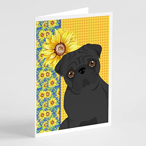 Caroline's Treasures WDK5471GCA7P Summer Sunflowers Black Pug Greeting Cards and Envelopes Pack of 8 Blank Cards with Envelopes Whimsical A7 Size 5x7 Blank Note Cards
