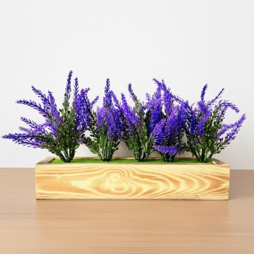 Image of Dekorly Artificial Lavender Plant in White Pot, 18cm - Realistic Faux Flower Arrangement for Home & Office Decor (Set of 1) (1, Wooden Pot)