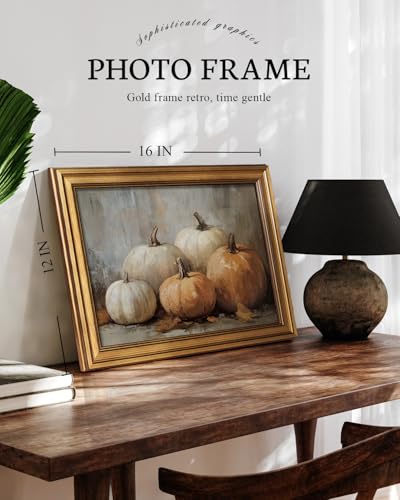 Image of VIYYIEA Vintage Gold Framed Wall Art for Living Room, Pumpkins Canvas Prints Home Decor, Oil Painting Picture, Bedroom Wall Decor Gifts for Friends or Family -【Five Pumpkins 】-(16L x 12W)