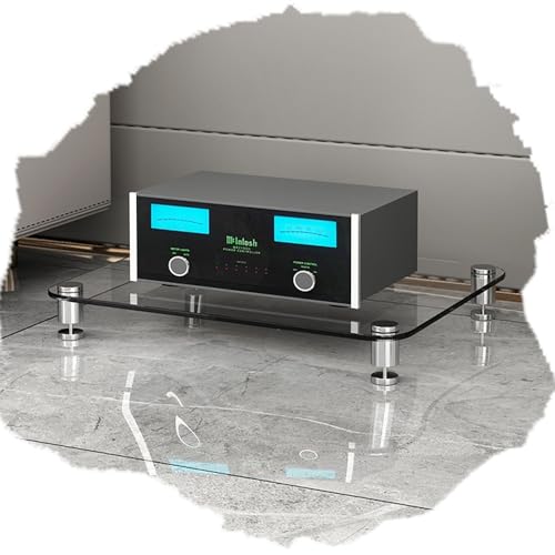 Tour audio moderne en verre pour salon et intégration de matériel stéréo