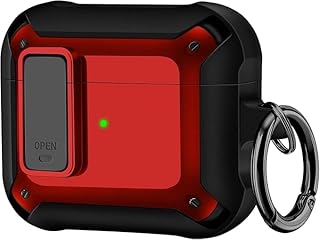 جراب متوافق مع سماعات ايربودز 3 2021 مع سلسلة مفاتيح مقاوم للصدمات مرن وممتص للصدمات بقفل آمن مصمم للرجال والنساء، غطاء من البولي يوريثين الحراري للشحن اللاسلكي (أحمر)