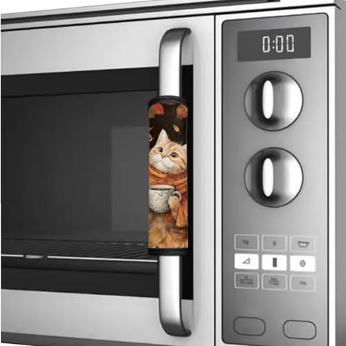 Image of Refrigerator Door Handle Covers Set of 6 Kitchen Electrical Appliances Handle Protector Anti-Slip Fridge Microwave Oven Home Accessories Fall Decorations, Cat Coffee Autumn Leaf
