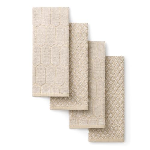 Martha Stewart Honeycomb Chambray Textured Kitchen Towel 4-Pack Set, 100% Cotton with Absorbent Terrycloth, Decorative Kitchen Towels, Natural, 16