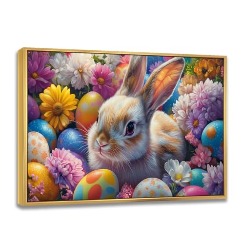 SHUODAOCO Spring Easter Bunny Canvas Print Framed Poster Floral Eggs and Flowers Cute Rabbit Wall Art for Nursery Kids Room Playroom Living Room Entryway Ready to Hang(26"X40"Gold-Frame)