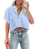 Tankaneo Womens Casual Short Sleeve Button Down Cropped Shirts Collared Summer Crop Tops Solid Color Short Blouse Shirt