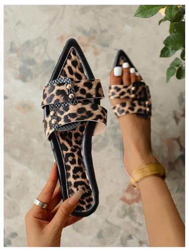 GORGLITTER Women's Leopard Print Y2k Slide Sandals Pointed Toe Studded Double Band Dressy Flats2