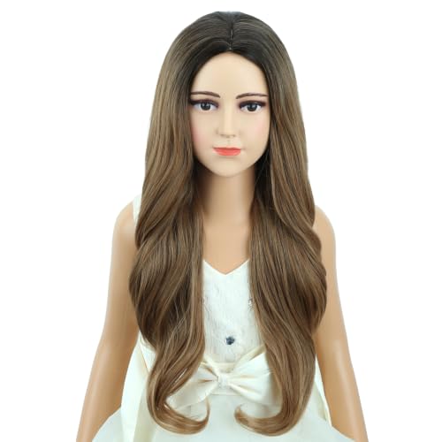 Image of Black Ombre Brown Wig Long Black Ombre Brown Middle Part Wig Long Wavy Curly Wigs Heat Resistant Synthetic Wigs for Daily Party Use