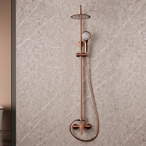 IMEX - Columna Ducha Oro Rosa Cepillado con Grifo | Kit de Ducha Monomando con Alcachofa y Rociador Antical | Griferia en Latón y Acero Inox S.304 con Barra Extensible | Serie Roma