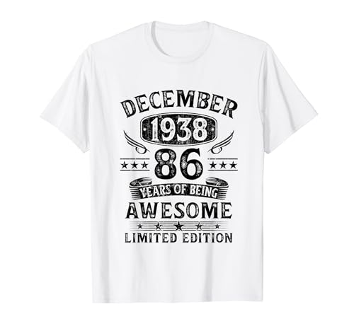 Regalo 86 Años Cumpleaños Hombre Mujer Diciembre 1938 Camiseta