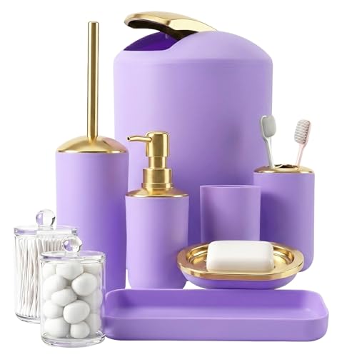 BSSN Purple and Gold Bathroom Accessories Set, 9 Pieces Luxury Bath Decor Set with Trash Can, Toilet Brush, Gold Pump Soap Dispenser, Multi-Slot Toothbrush Holder, Qtip Jars and Tray