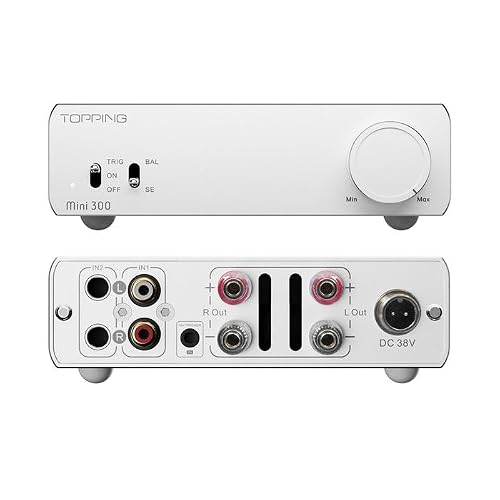 Topping Mini300 High Power Stereo HiFi, Zrównoważony Klasa D, 140W × 2 @ 4Ω, 124dB SNR, Auto Power Sync, Zrównoważony TRS i RCA, wzmacniacz biurkowy do głośników pasywnych, srebrny