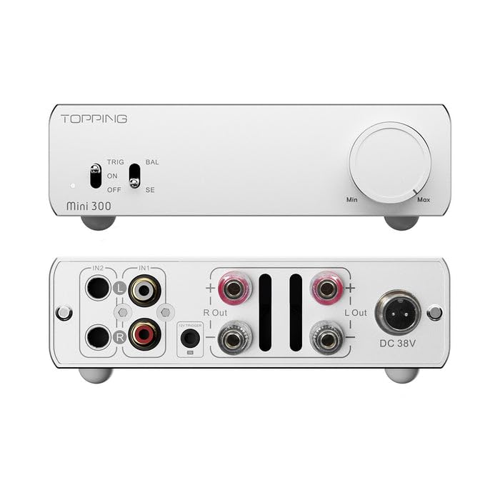 Topping Mini300 Amplificatore HiFi Stereo ad Alta Potenza, Classe D Bilanciato, 140 W×2 @4Ω, 124 dB SNR, Auto Power Sync, TRS Bilanciato e RCA, Amplificatore Desktop per Altoparlanti Passivi, Argento