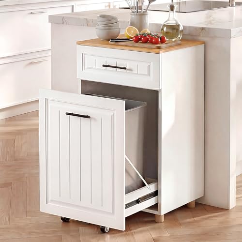 ZIFTY 13 Gallon Pull Out Trash Can Cabinet, Pet Proof Freestanding Kitchen Trash Bin Cabinet with Hideaway Drawer, Wooden Garbage Recycling & Laundry Hamper for Kitchen, Laundry, Living Room, White