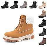 Winterstiefel Damen Gefüttert Winterschuhe Lack Warme Flache Absatz Stiefeletten Kurzschaft Schnürboots Schneestiefel Braun Größe 40 EU