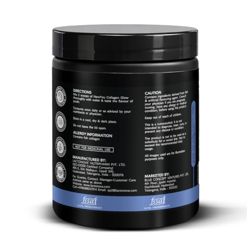 Image of NewYou Collagen Glow Marine Collagen Powder for Skin, Hair & Nail Support | With Glutathione, Biotin, Hyaluronic Acid & Vitamins B Complex, C & E | Supports Skin Hydration & Hair Health | Blueberry Flavour | 150g