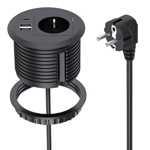 BAIFULAI Toma de corriente empotrada con USB, regleta para agujero de mesa de 80 mm, enchufe de escritorio con 1 toma de corriente, 2 puertos USB-A, 1 conector USB-C y cable de alimentación de 1,7 m