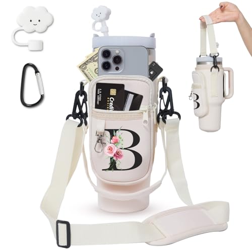 Sunegg Water Bottle Carrier Bag for Stanley 40 oz Tumbler with Handle, Water Bottle Holder Pouch with Phone Pocket, Straw Cover & Adjustable Strap, Accessories for Stanley Cup(Cream B)