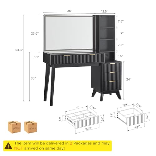Image of T4TREAM 48 inch Fluted Makeup Vanity Desk with 36 inch Lighted Mirror, Black