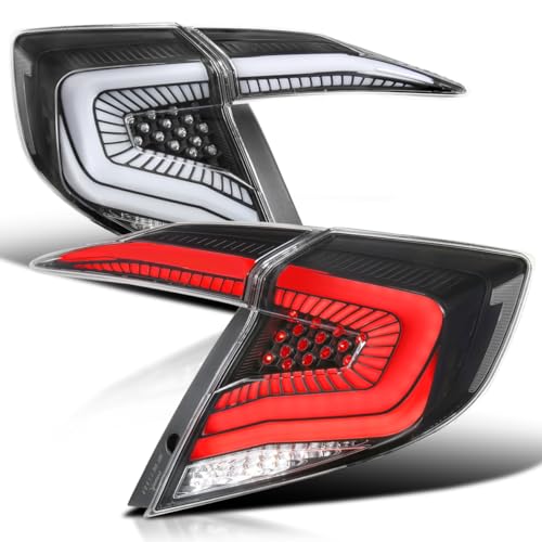Image of SPEC-D TUNING Black Tail Lights w /White LED Strips, Sequential LED Turn Signal, and Startup Animation Compatible with 2016-2021 Honda Civic 4-Door Sedan, Left + Right Pair Assembly